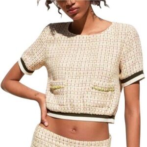 NWT Zara yellow cropped tweed & varsity stripe top XS